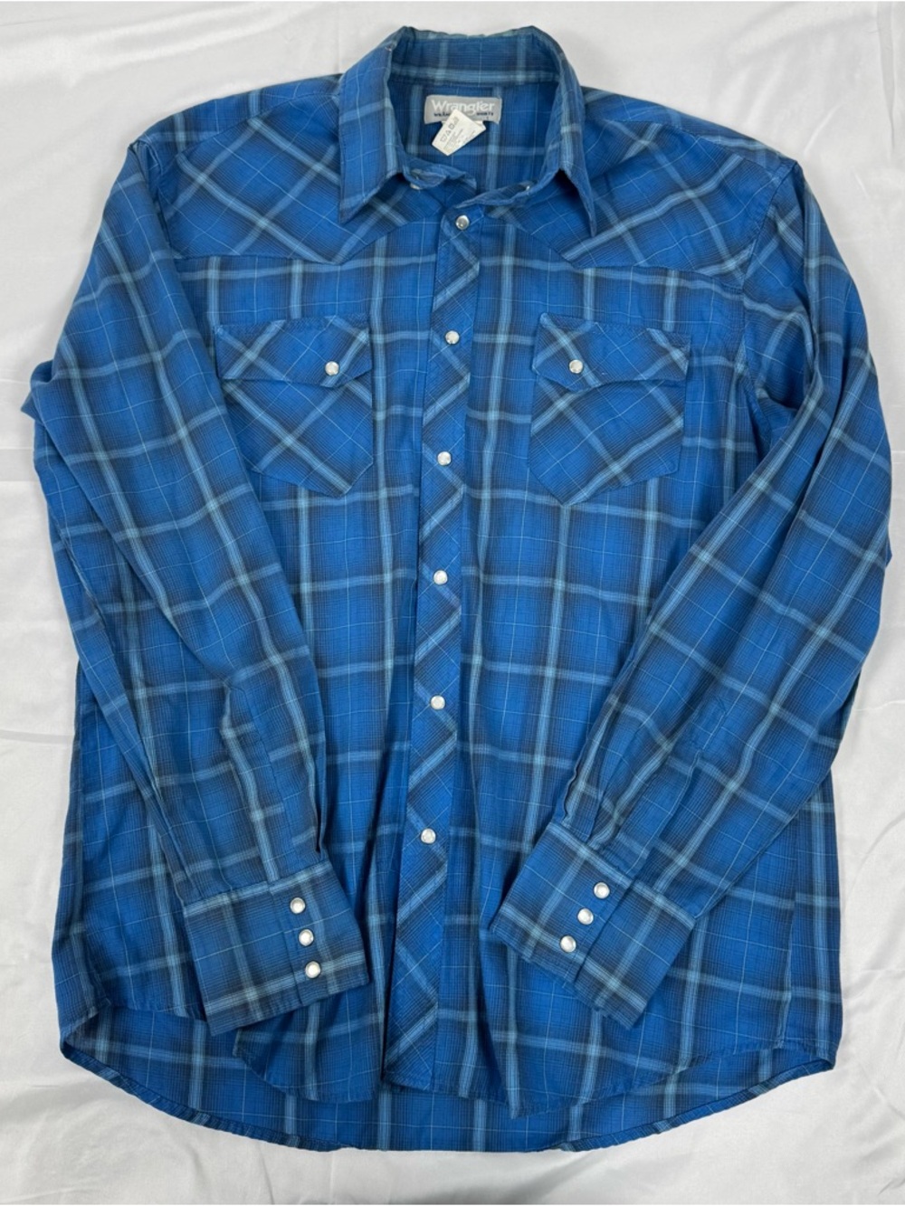 Wrangler Wrancher Western Snap Shirt Men’s Large Blue Plaid Pearl Snap